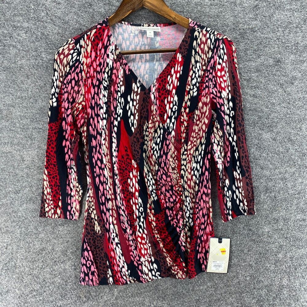 New Dana Buchman Blouse Women S Small Red Animal Print V-Neck 3/4 Sleeve Rayon